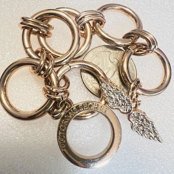 Y2K Victorias Secret Rose Gold-Tone Link Bracelet Crystal Angel Wings Toggle 7" - Picture 7 of 8